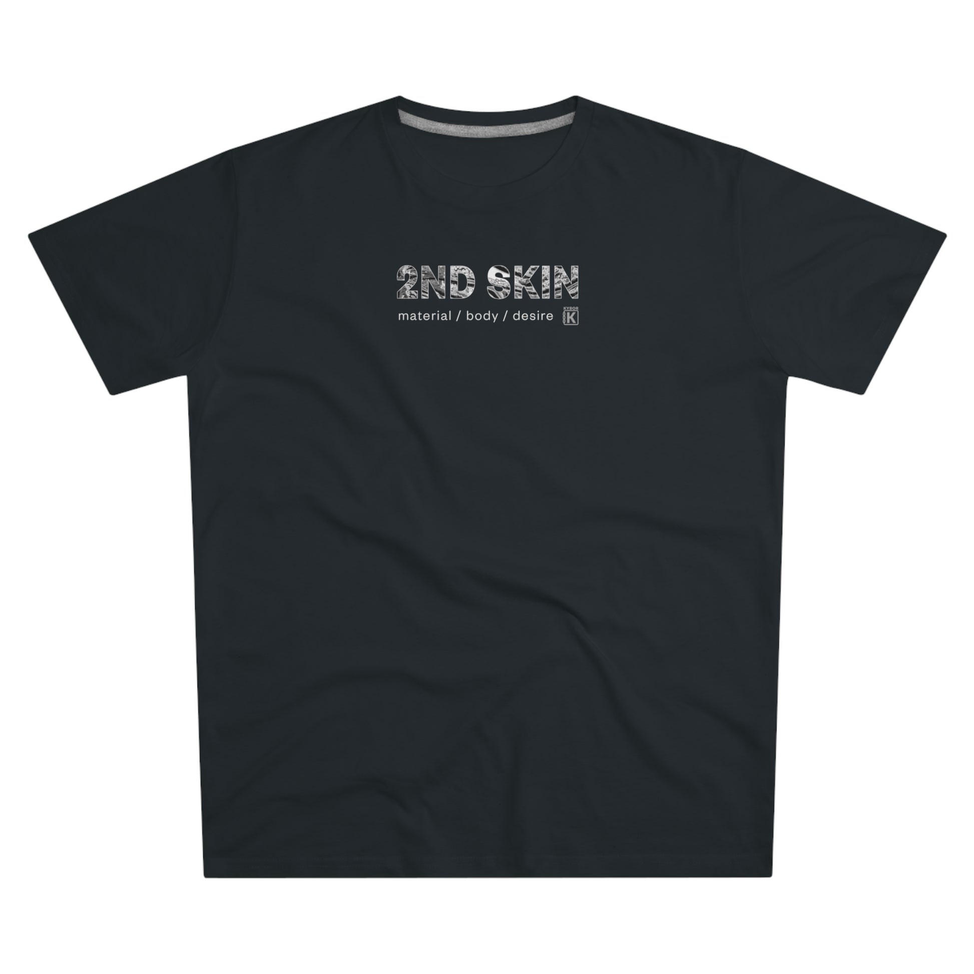 Black t-shirt with 'SECOND SKIN' text on a white background