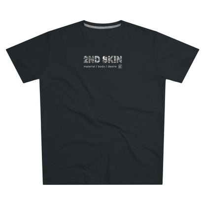 Black t-shirt with 'SECOND SKIN' text on a white background
