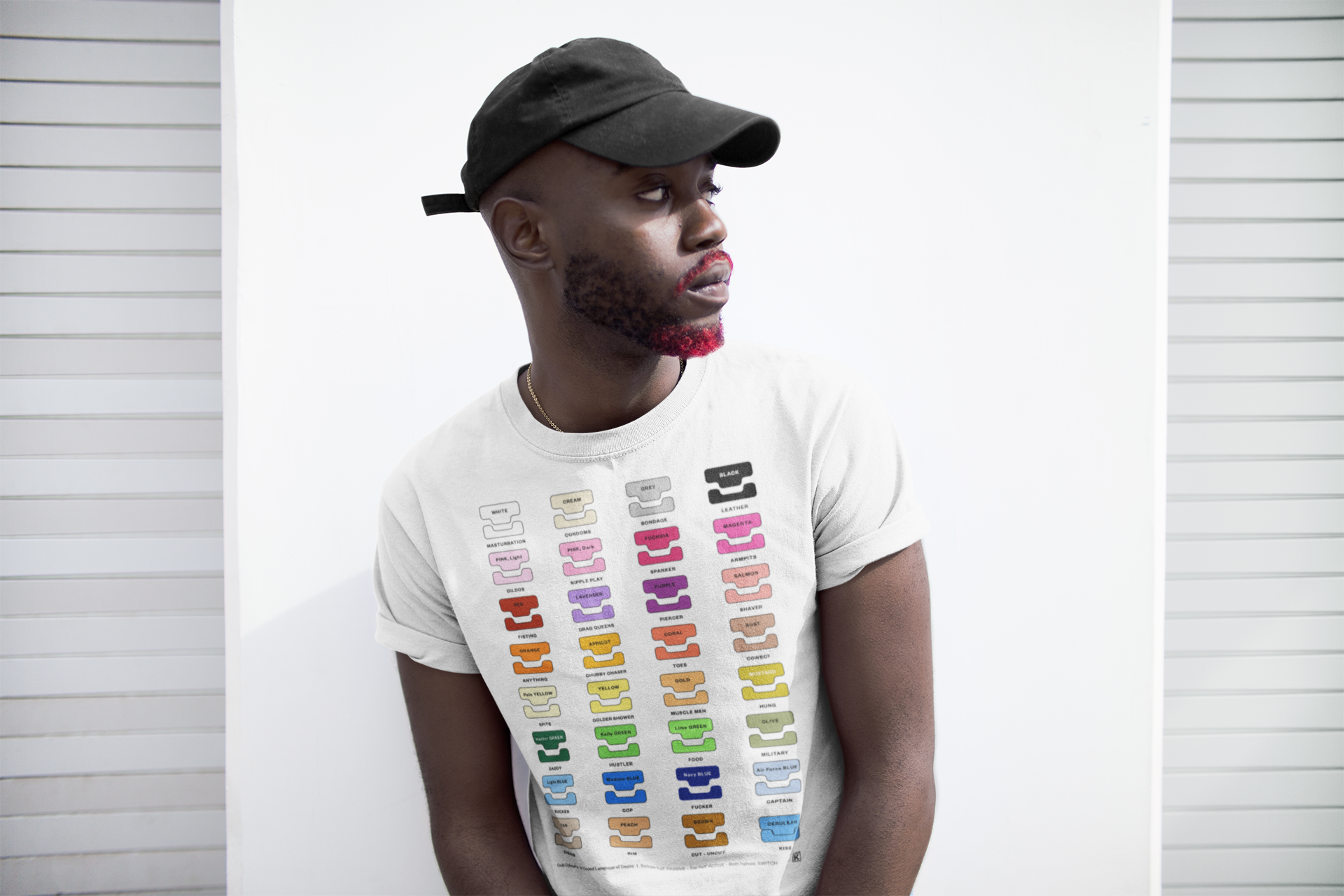 Person wearing a white t-shirt with colourful text design against a white background