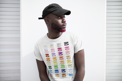 Person wearing a white t-shirt with colourful text design against a white background
