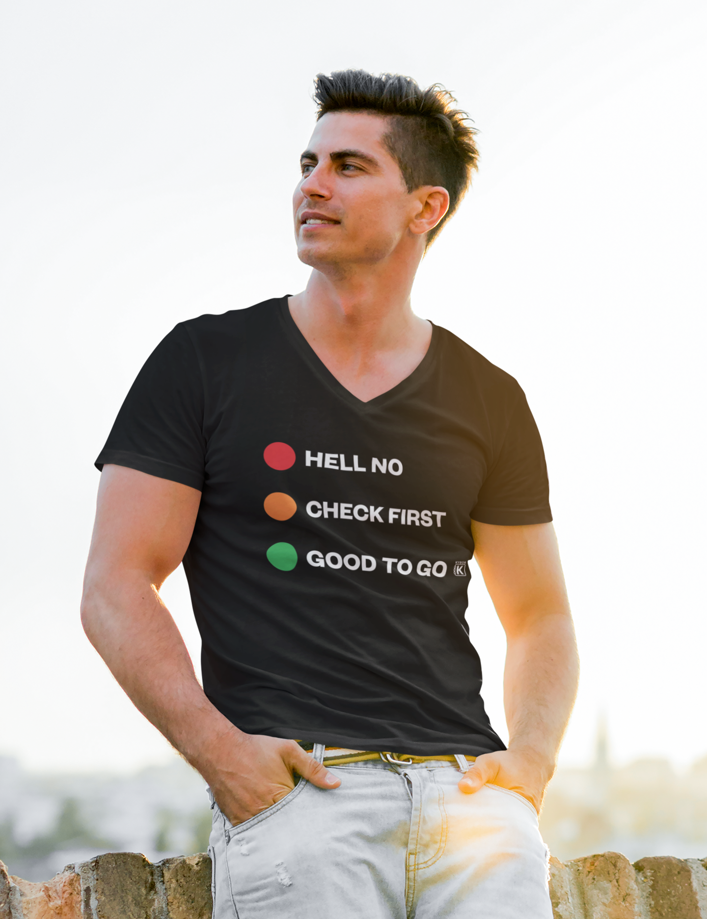 V-Neck T-Shirt - With Graphic and 'Hell No, Check First, Good To Go' Slogan