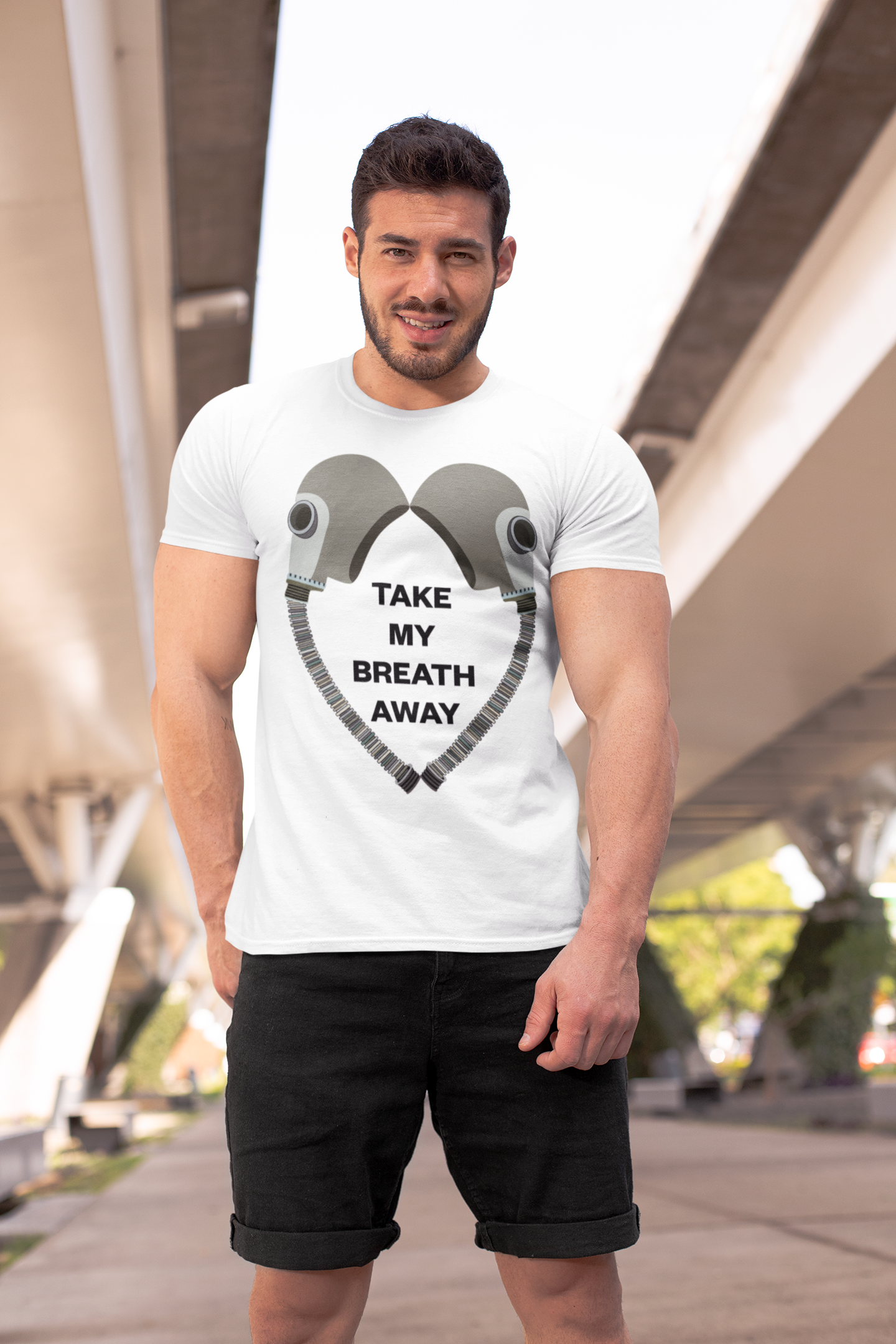 Crew-Neck T-Shirt - With Graphic Of Two Gas Masks In A Love Heart Design With 'Take My Breath Away' Slogan