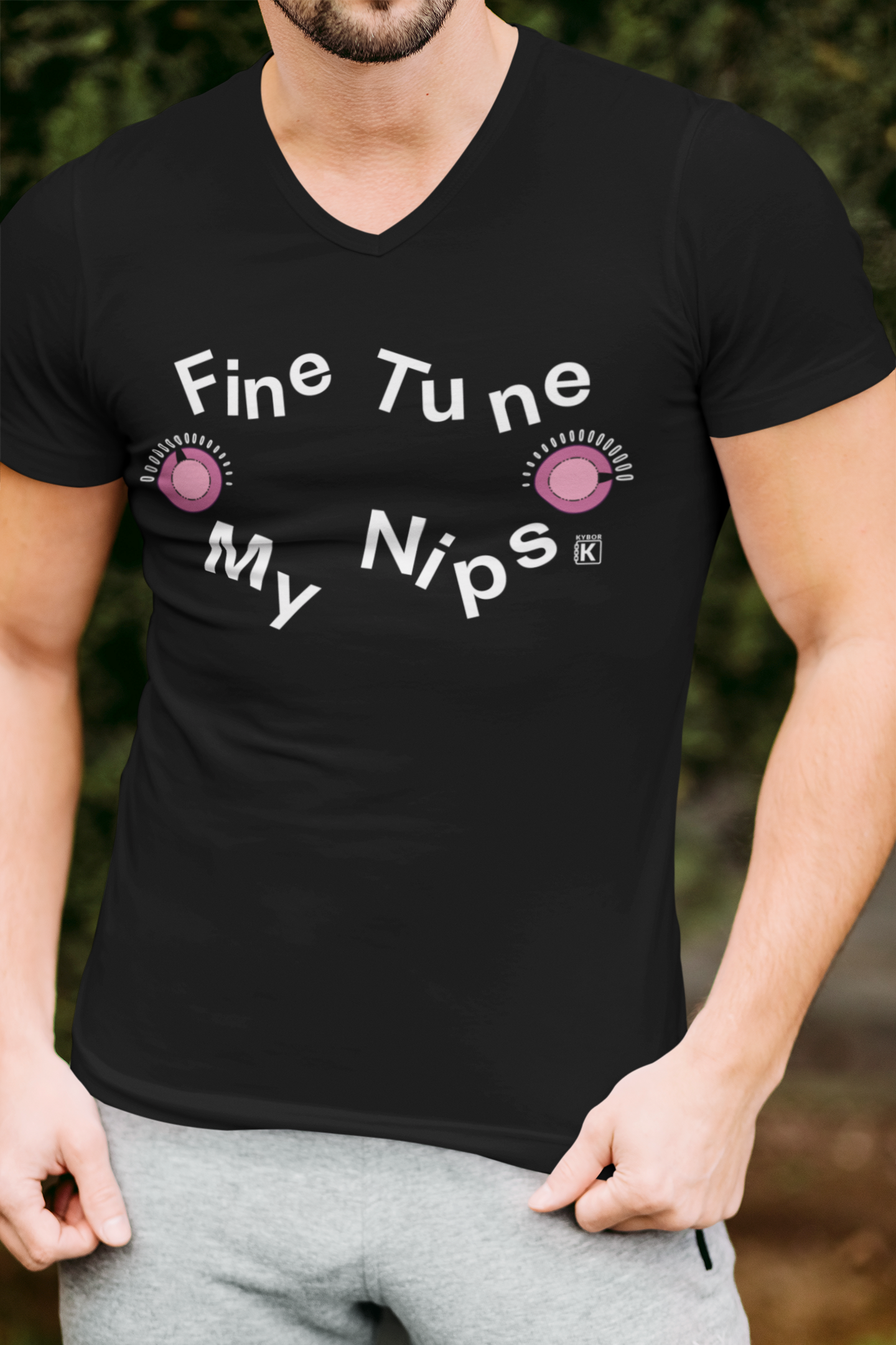 V-Neck T-Shirt - With Graphic And Cheeky Invitation To 'Fine Tune My Nips' Slogan