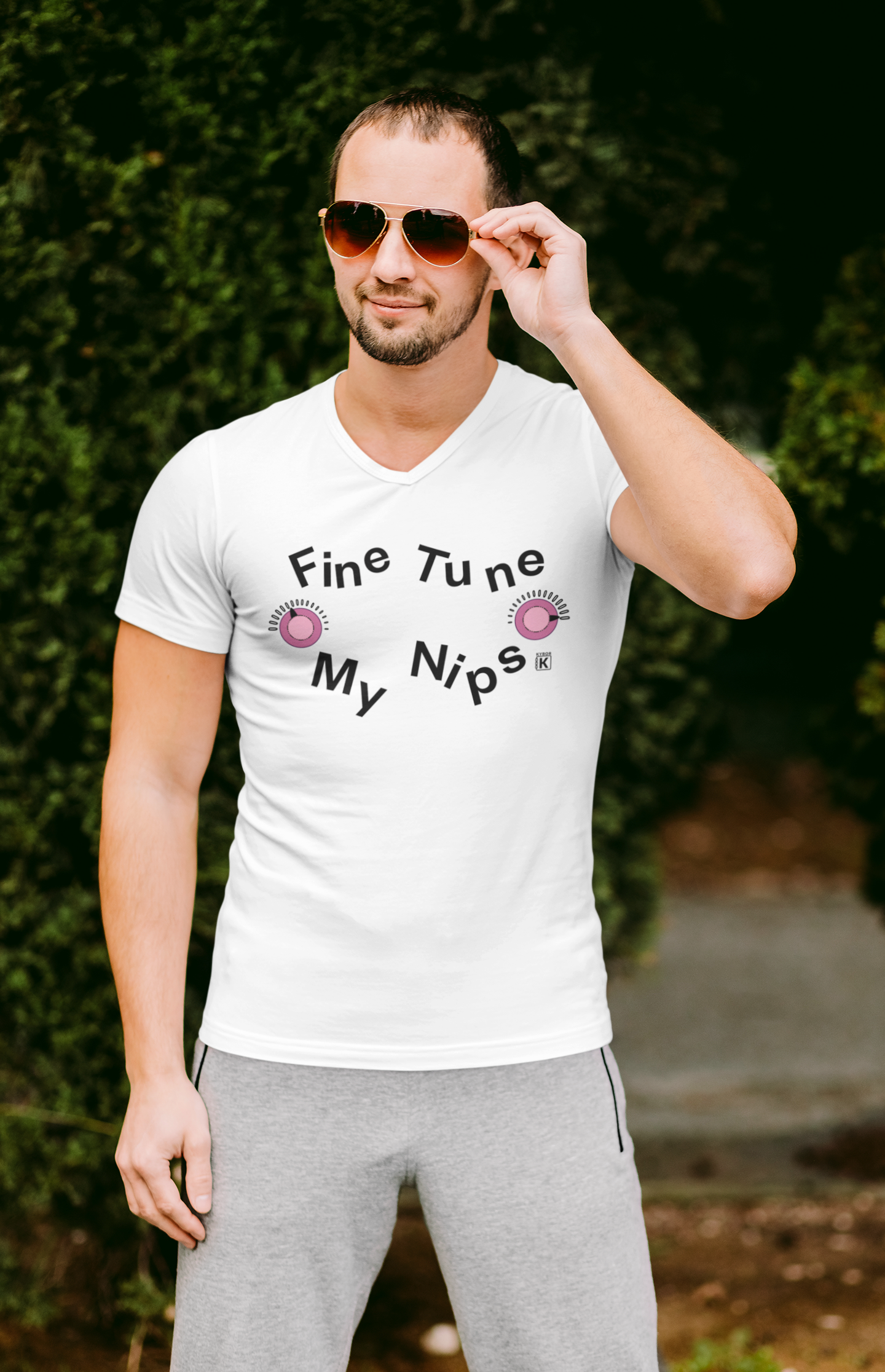 V-Neck T-Shirt - With Graphic And Cheeky Invitation To 'Fine Tune My Nips' Slogan